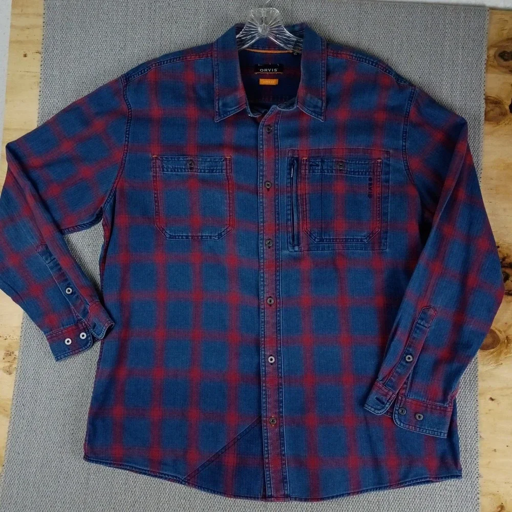 Orvis Active Fit Flannel Button Down Shirt Men XL Blue Red Plaid PocketsOutdoors - Picture 2 of 9